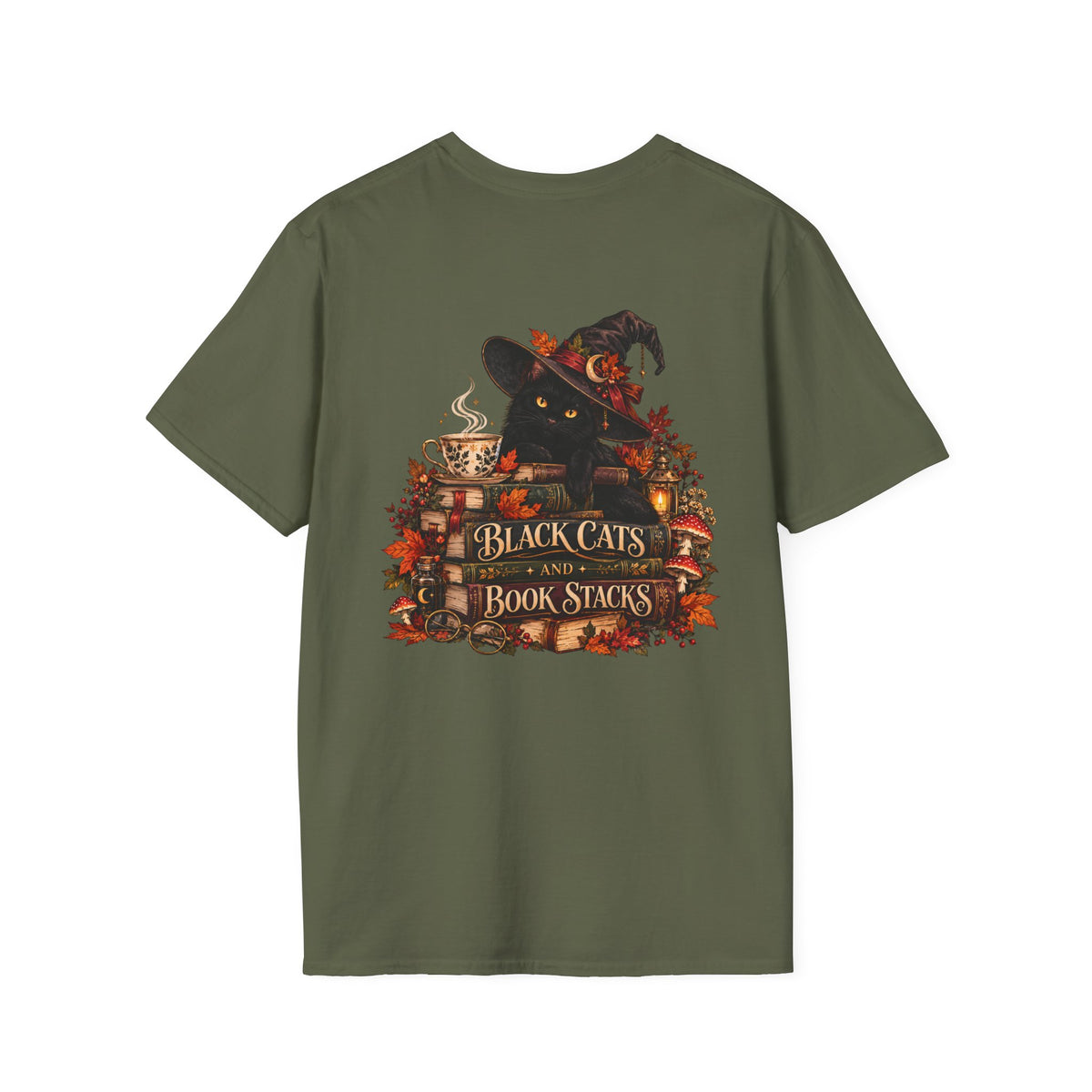 Black Cats & Book Stacks T-Shirt — Cozy Witchy Reading Tee