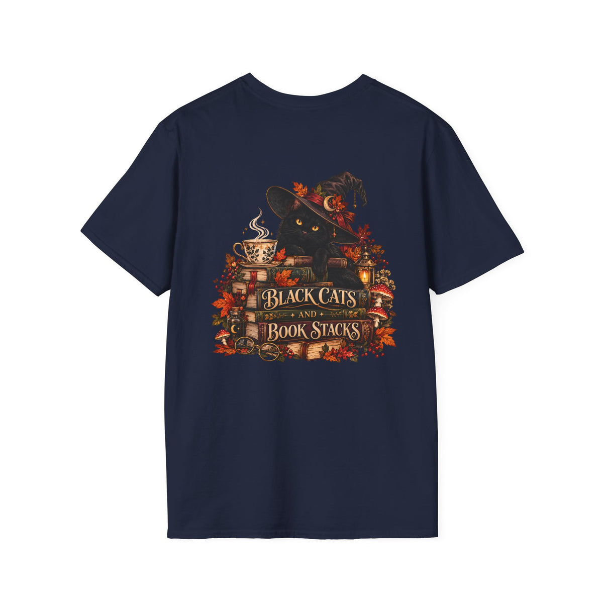 Black Cats & Book Stacks T-Shirt — Cozy Witchy Reading Tee