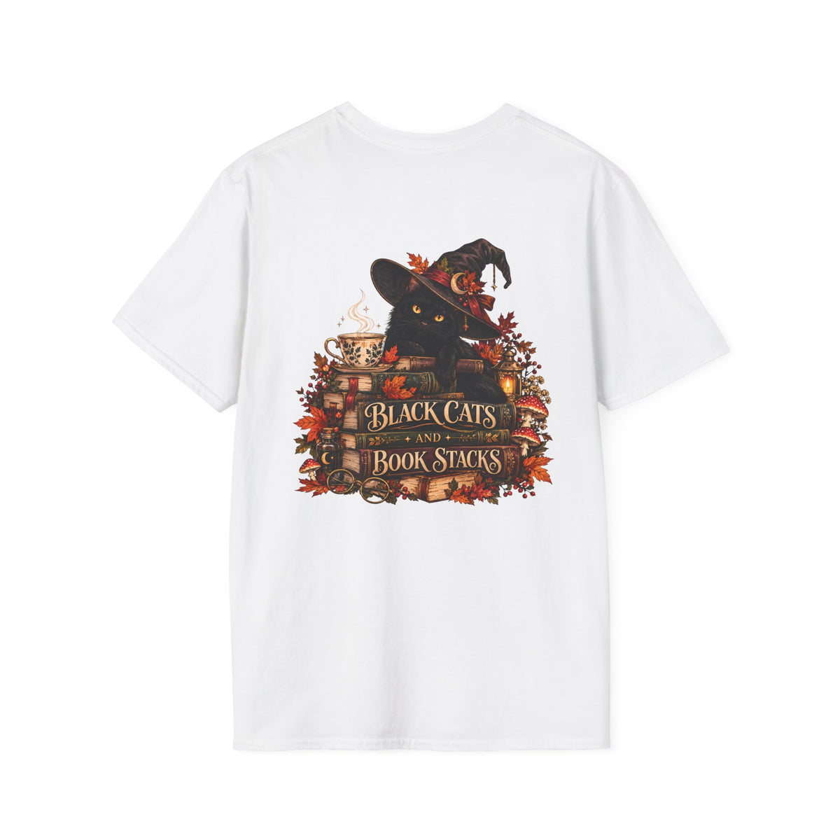 Black Cats & Book Stacks T-Shirt — Cozy Witchy Reading Tee