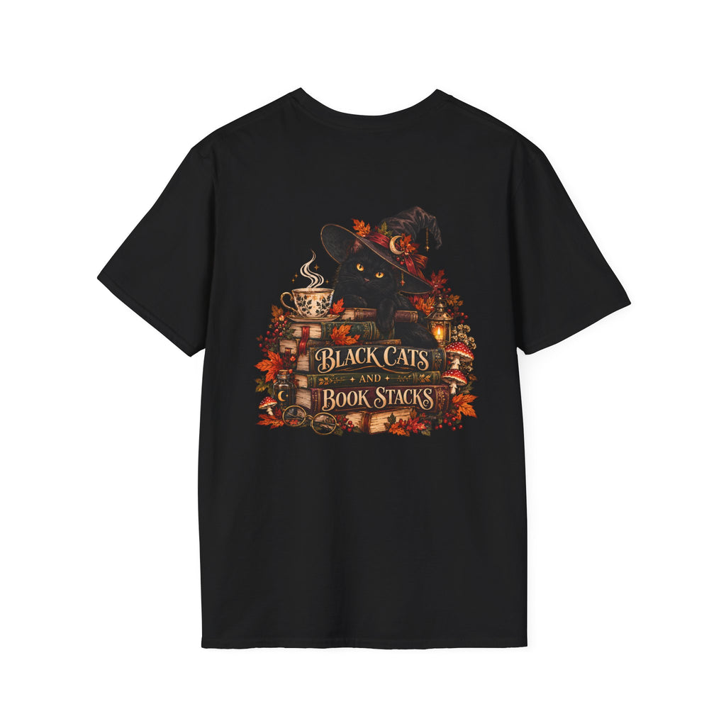 Black Cats & Book Stacks T-Shirt — Cozy Witchy Reading Tee