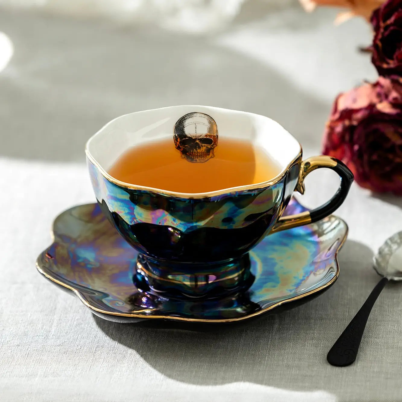 Grace Teaware Skull Black Gold Luster Tea Cup and Saucer with Gold Trim