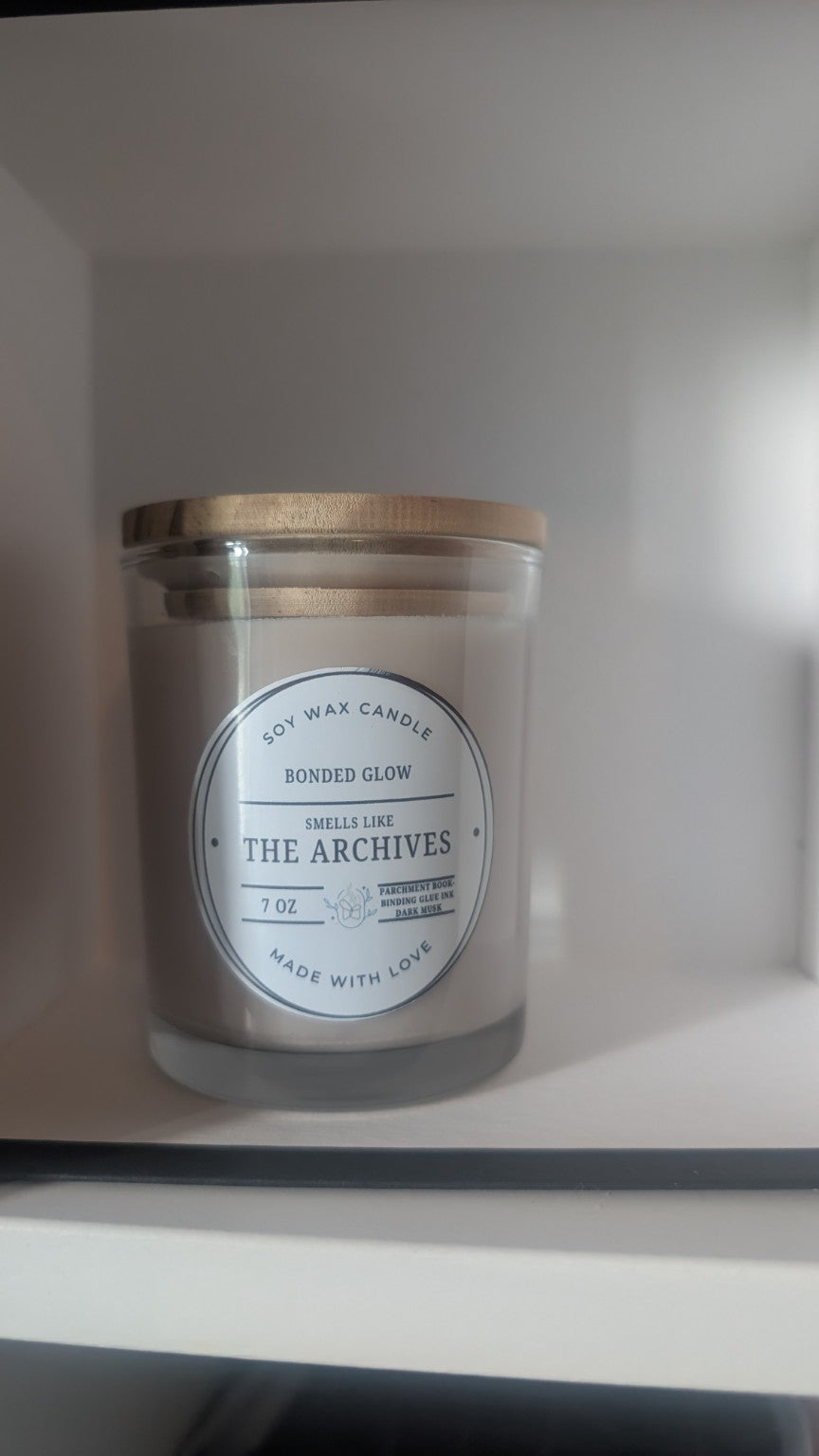 Smells Like The Archives 7 oz soy wax candle by Bonded Glow