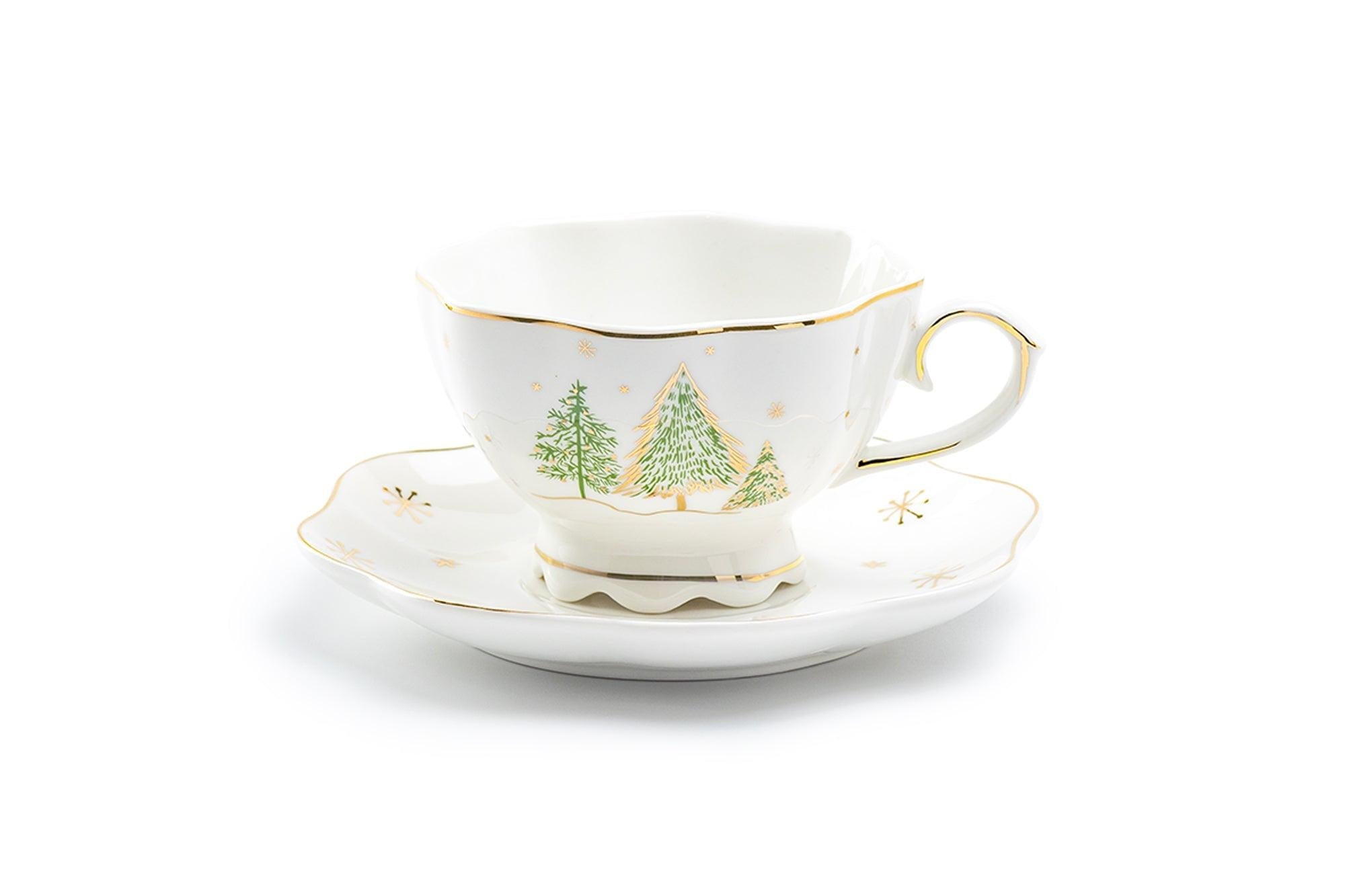 Grace Teaware Christmas Pine Trees 7.5oz Fine Porcelain Tea Cup and Saucer