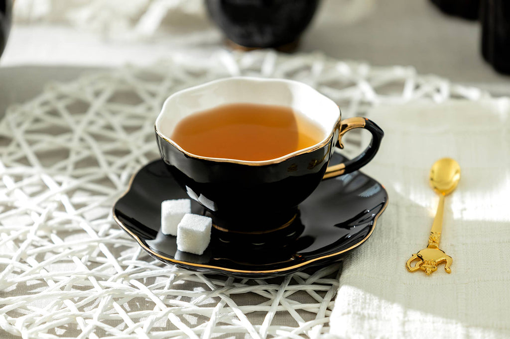 Black Gold Scallop 7oz Fine Porcelain Tea Cup and Saucer