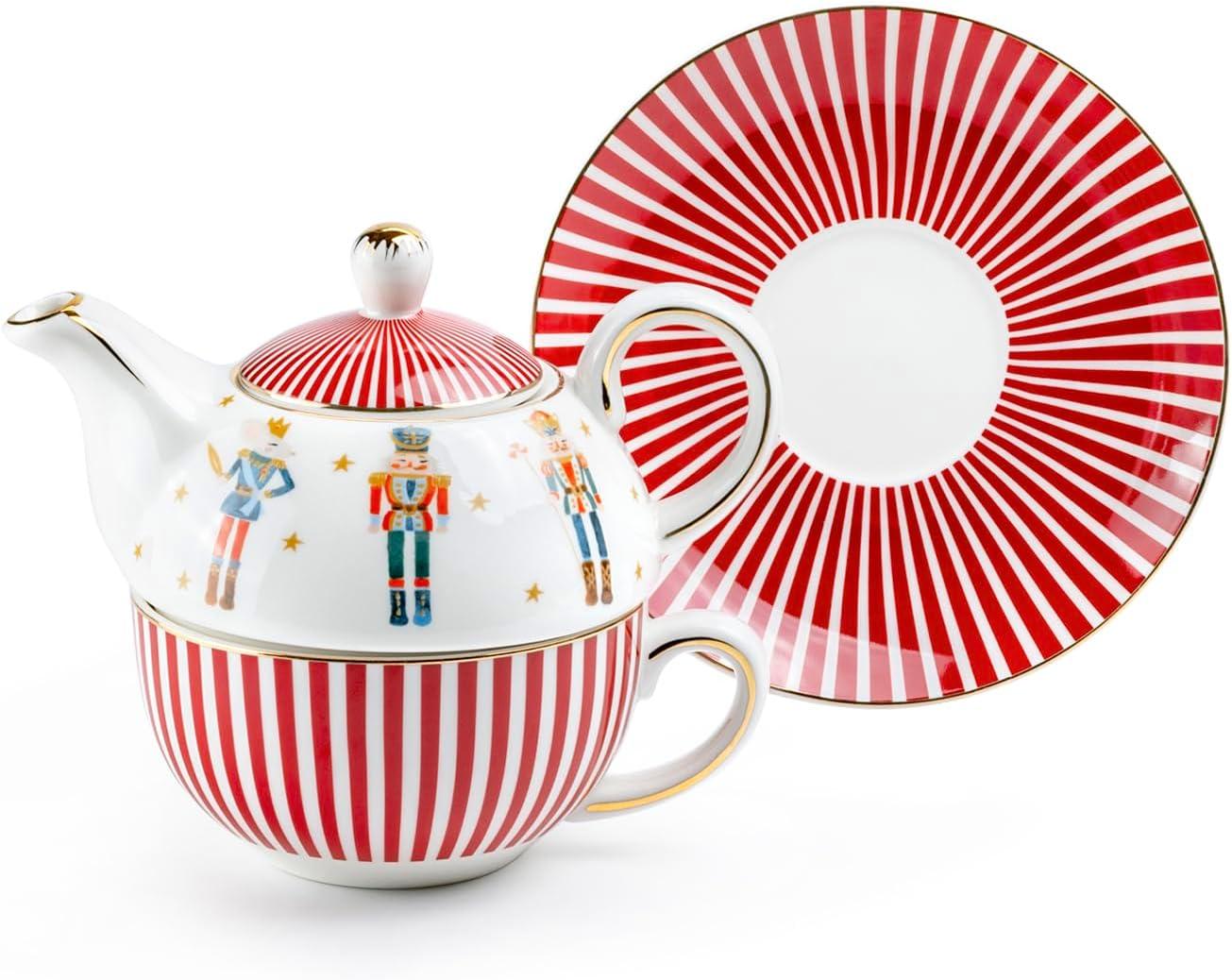 Nutcracker Wonderland Red Stripes Fine Porcelain Tea for One Set, Christmas Cheers Collection
