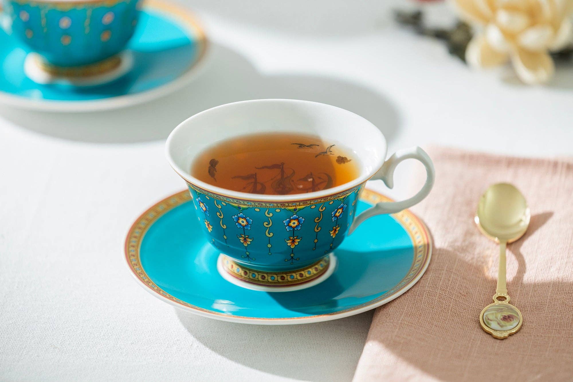 Royal Turquoise Voyage 6oz Bone China Tea Cup and Saucer