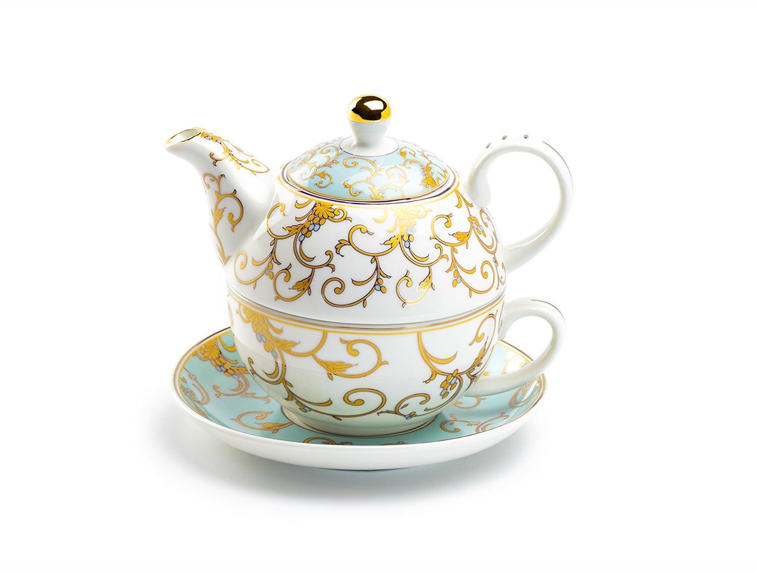 Grace Teaware Gold Scroll Fine Porcelain Tea for One Set (Mint)