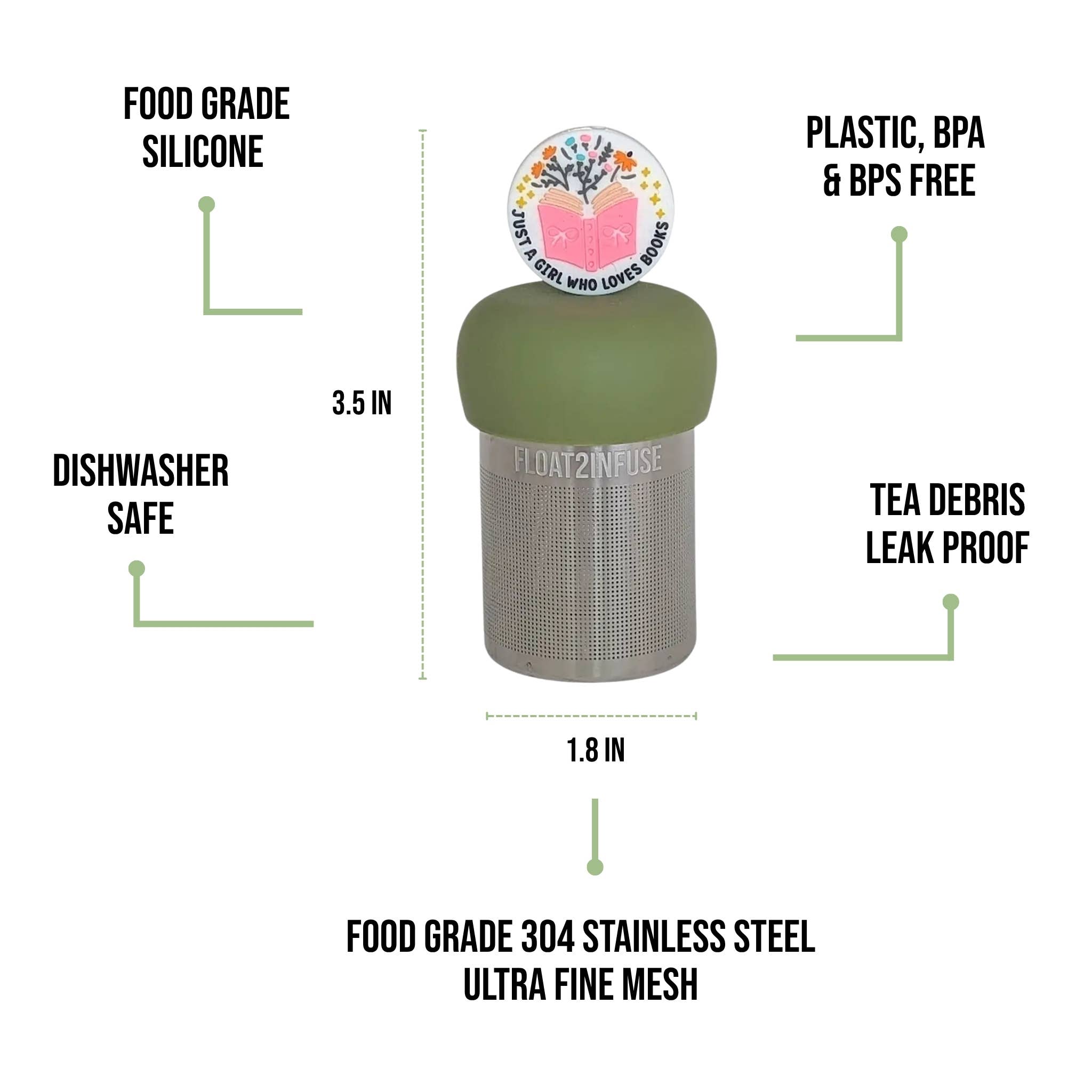 Girls Love Books| Floating Tea Infuser | Green Base | Pink