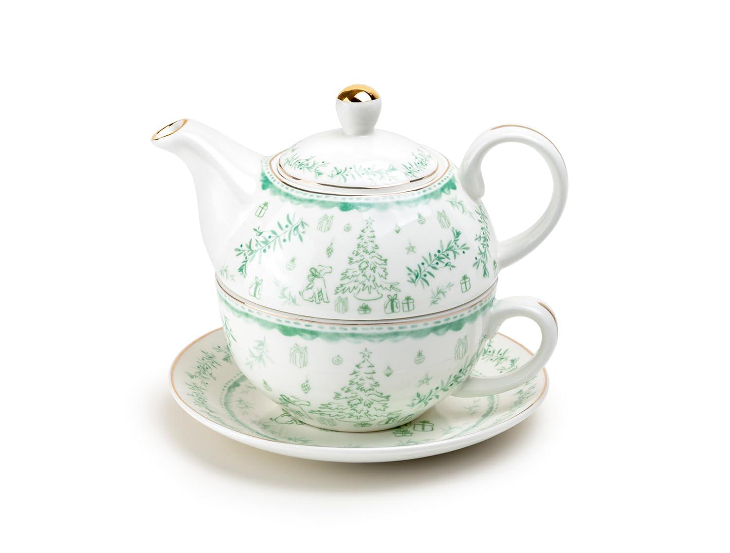Festive Pup and Christmas Tree Fine Porcelain Tea for One Set, Winter Aftern Oon Tea, Holiday Cheer
