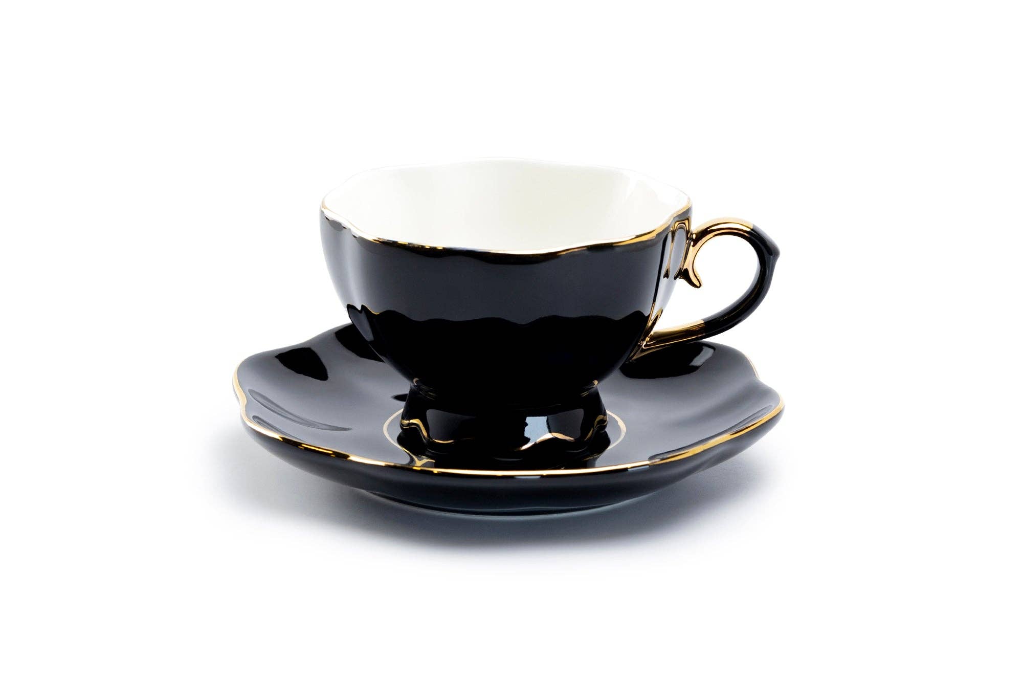 Black Gold Scallop 7oz Fine Porcelain Tea Cup and Saucer