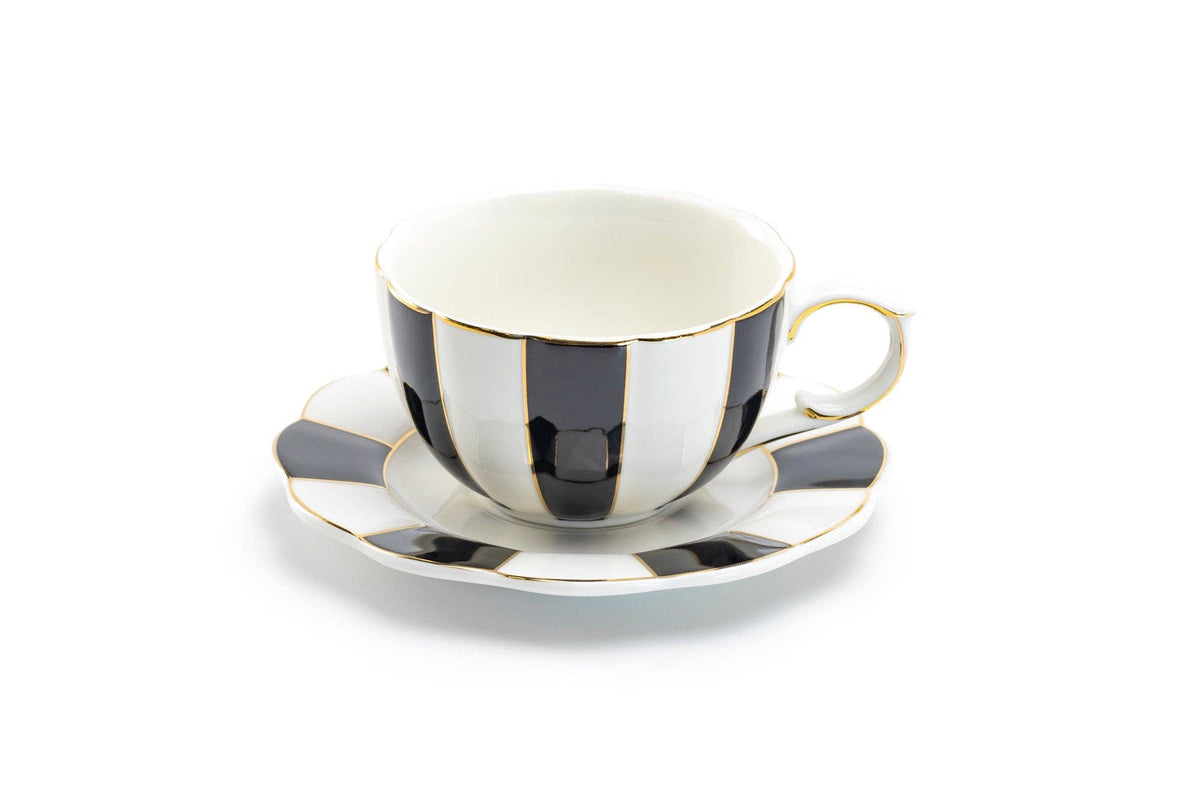 Black and White 7oz Scallop Fine Porcelain Tea Cup & Saucer