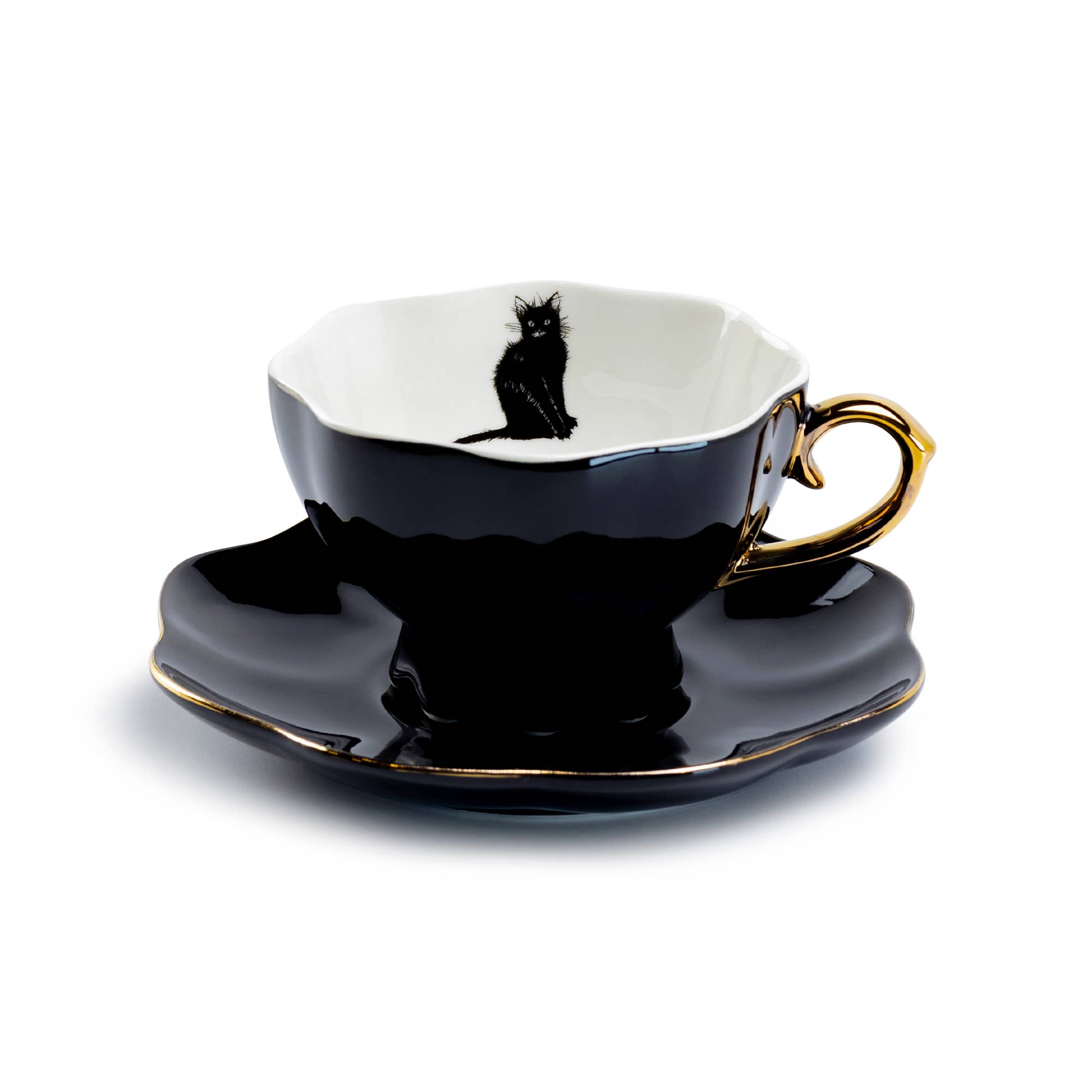 Black Cat Black Gold 7.5oz Tea Cup and Saucer